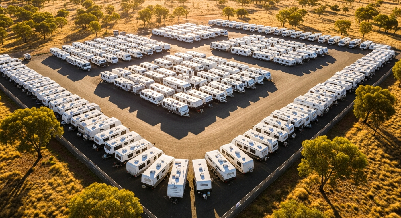 Caravan parked in an outdoor storage yard in Sydney