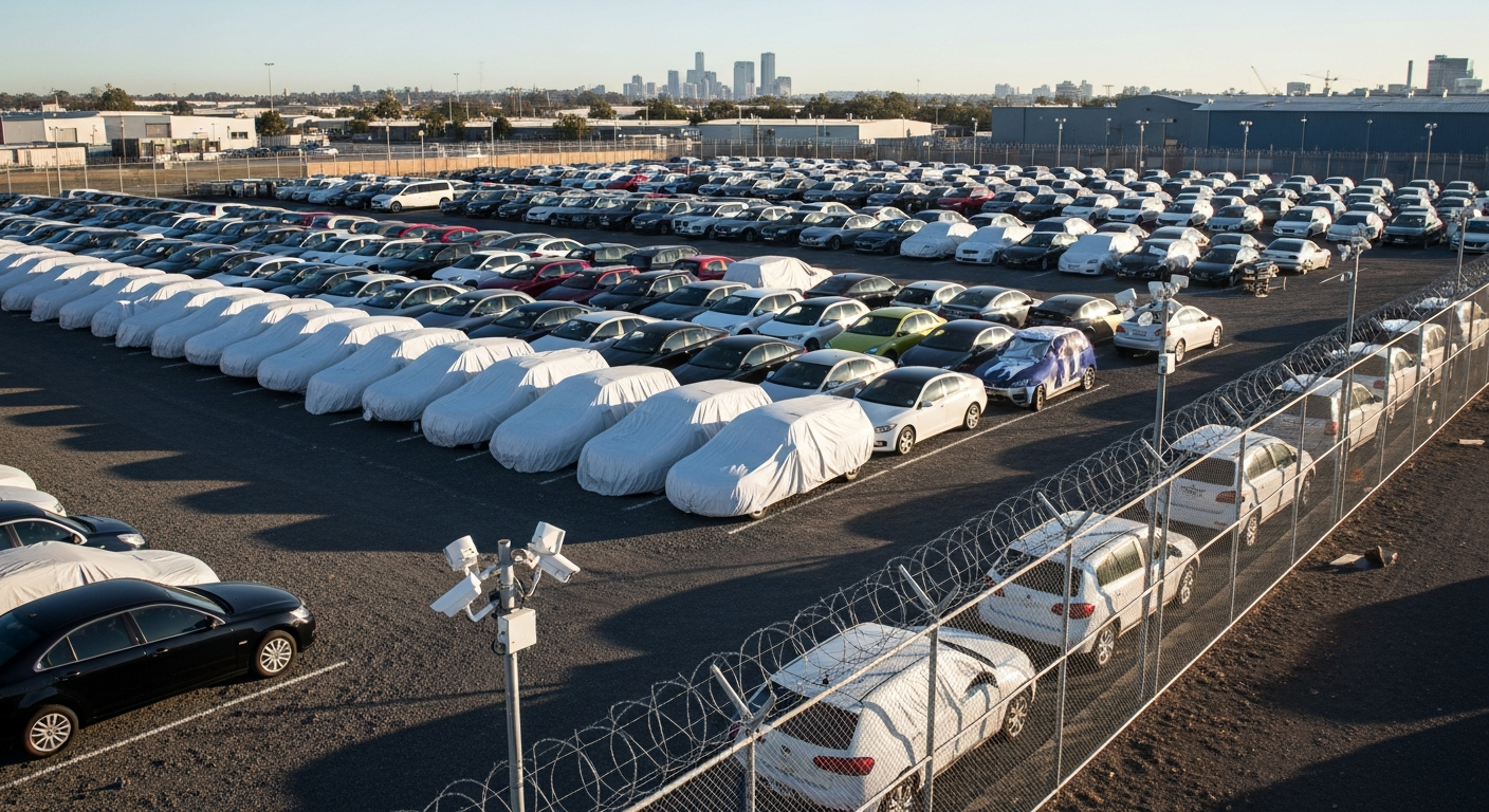 Cars lined up in a secure outdoor storage yard in Sydney